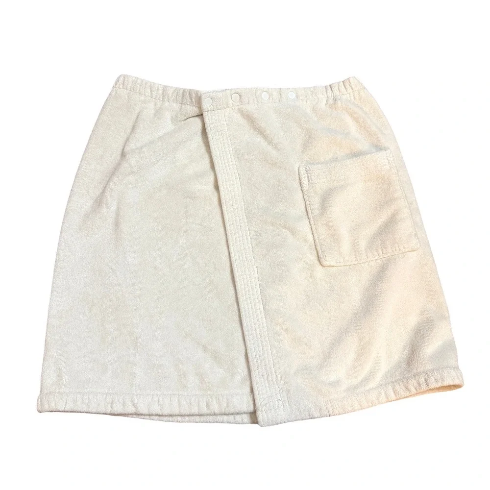 Hammacher Schlemmer White Cotton Terry Spa Bath Wrap‎ Snap Closure Pocket